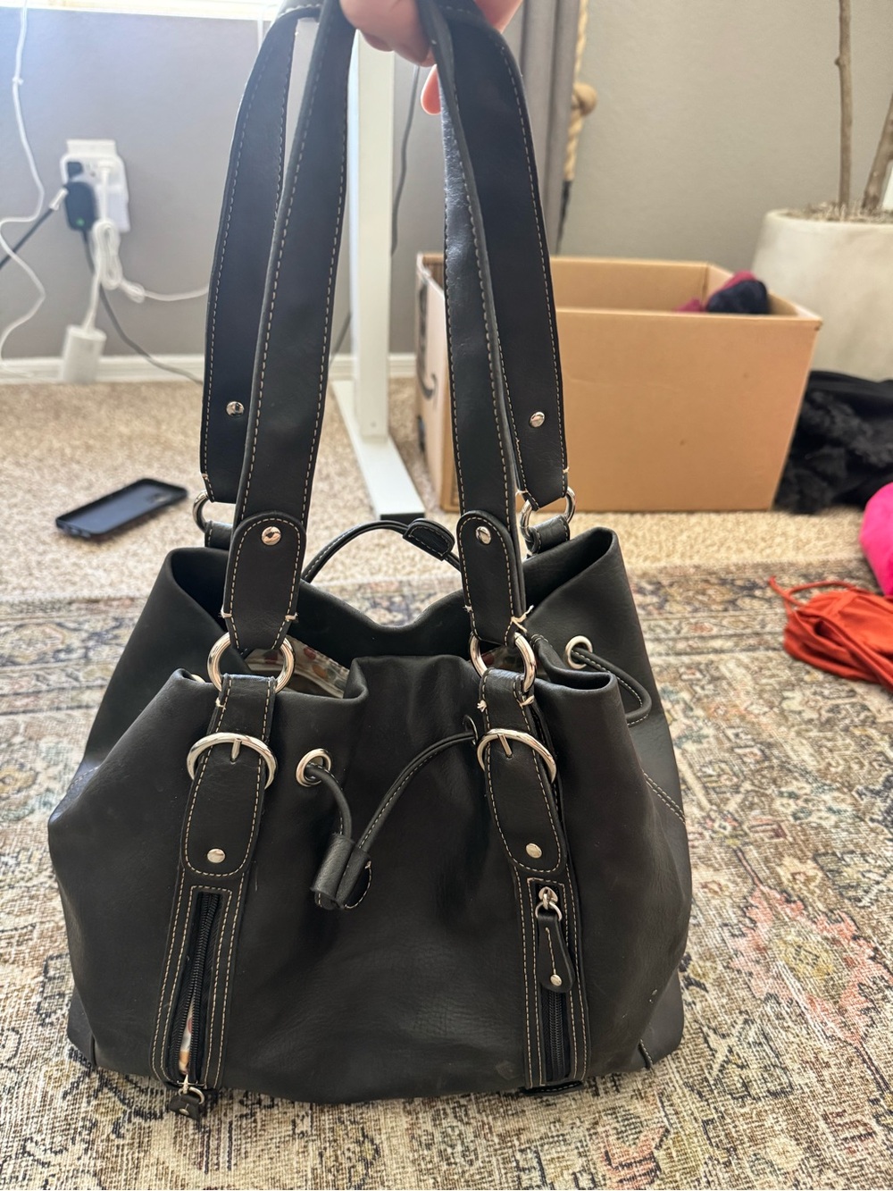 Black Leather Drawstring Shoulder Bag with Contrast Stitching